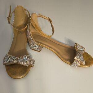 Girls' Gold Rhinestone Bow Ankle-Strap Dress Sandals